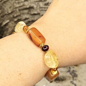Large Heavy Chunky Citrine, Carnelian And Amber Gold Plated Bracelet